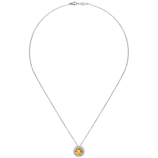 14K White Gold Round Citrine and Diamond Halo Pendant Necklace