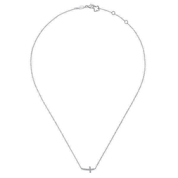 14K White Gold Sideways Curved Diamond Cross Necklace