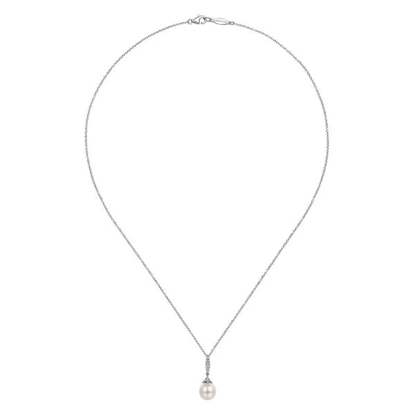 14K White Gold Cultured Pearl and Diamond Drop Pendant Necklace