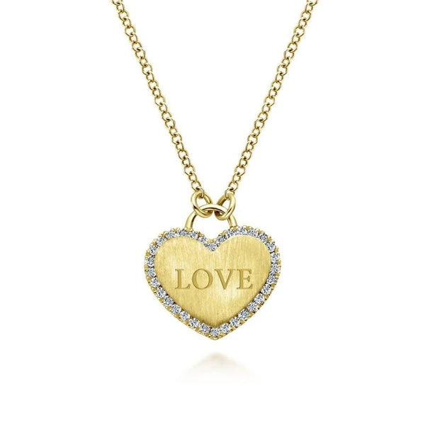 14K Yellow Gold Diamond Halo Engravable Heart Pendant Necklace