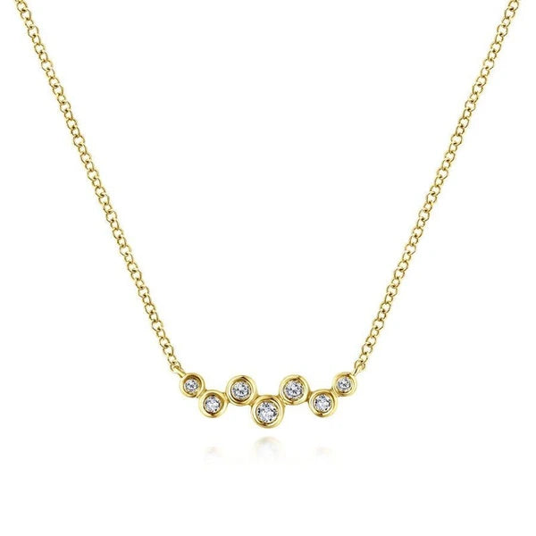 14K Yellow Gold Zig Zag Bubble Bar Necklace with Bezel Set Diamonds