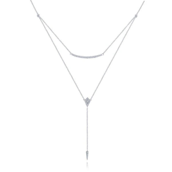 14K White Gold Layered Curved Bar and Diamond Drop Y Necklace