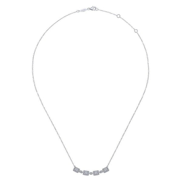 14K White Gold Rectangular Baguette and Diamond Halo Station Necklace