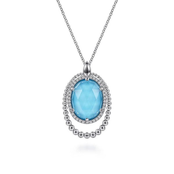 925 Sterling Silver White Sapphire and Rock Crystal and Turquoise Pendant Necklace