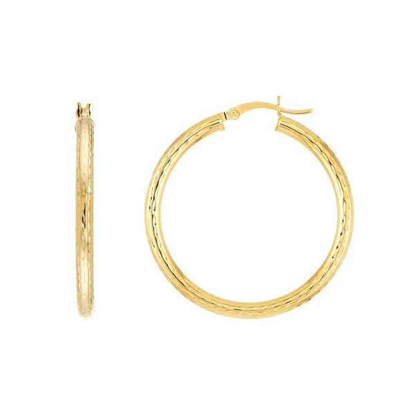 3x35mm Full Diamond-Cut Hoop Earrings