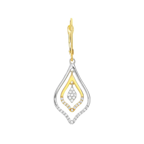Two-tone CZ Double Framed Leaf Drop Earrings