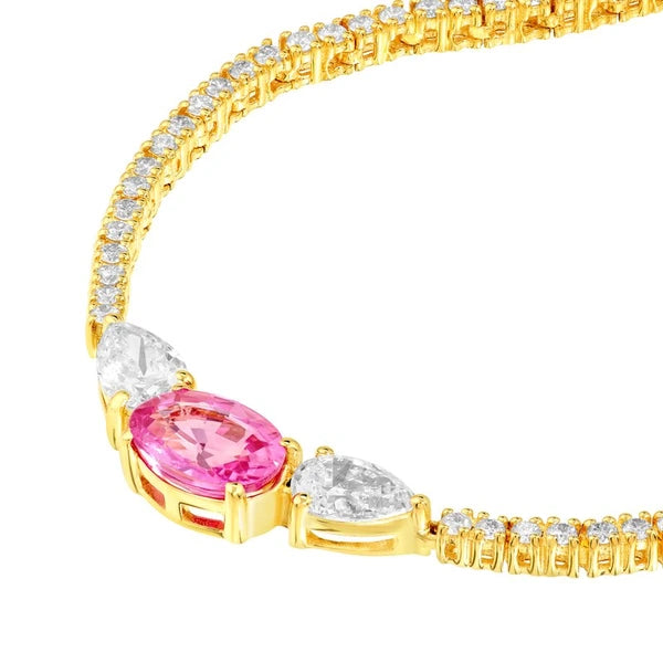 Oval Pink Sapphire and Pear Diamond Tennis Necklace
