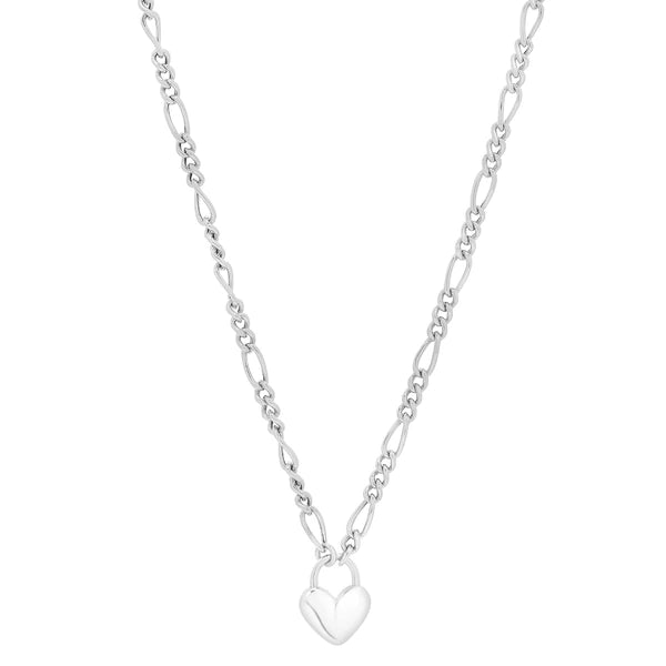 Silver Heart Padlock Figaro Necklace