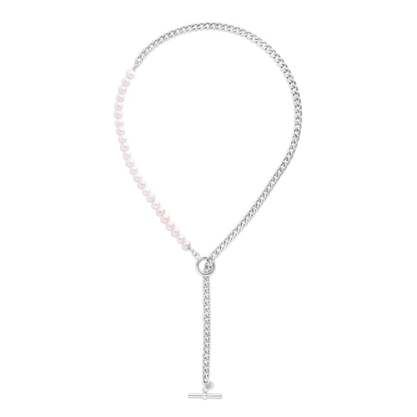 Silver Pearl Paperclip toggle Necklace