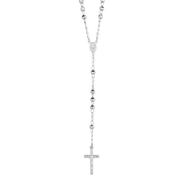 Silver Diamond Cut Large Bead Rosary Necklace