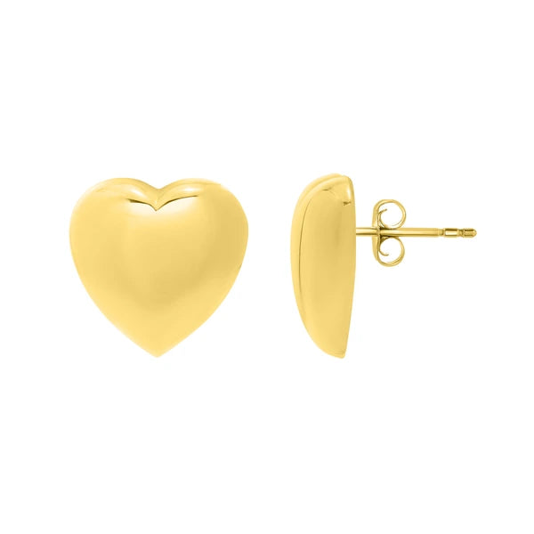 Gold Over Silver Puffed Large Heart Stud Earrings