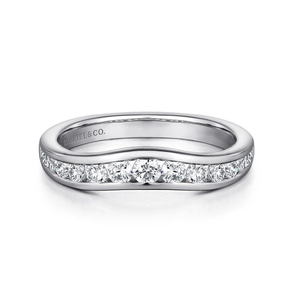 Curved 14K White Gold Channel Set Diamond Wedding Band