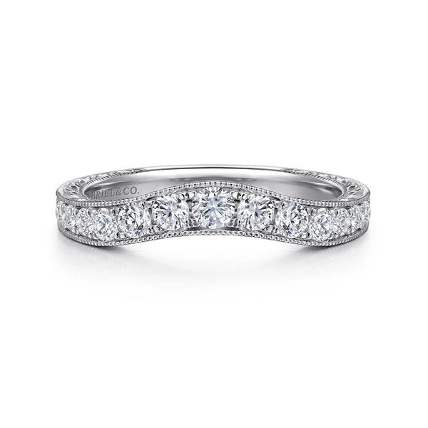 Vintage Inspired 14K White Gold Curved Channel Set Diamond Wedding Band with Engraving