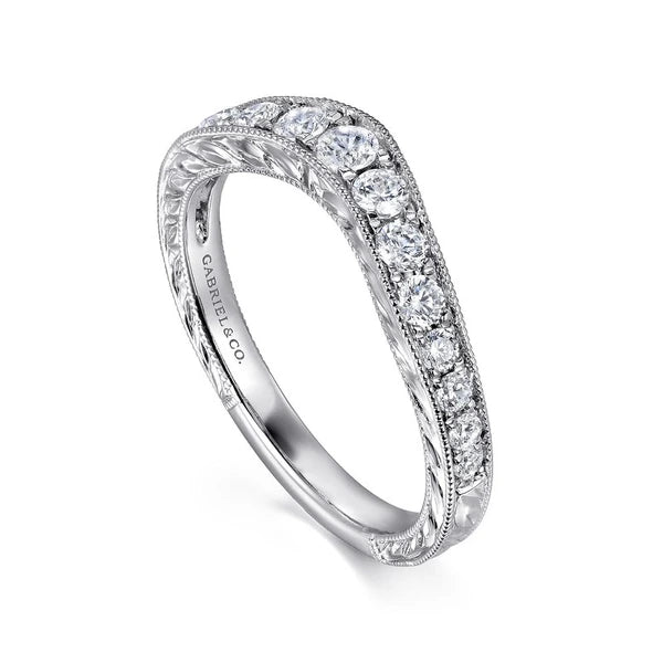 Vintage Inspired 14K White Gold Curved Channel Set Diamond Wedding Band with Engraving