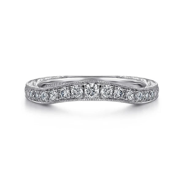 Vintage Inspired Curved 14K White Gold Micro Pavé Diamond Anniversary Band