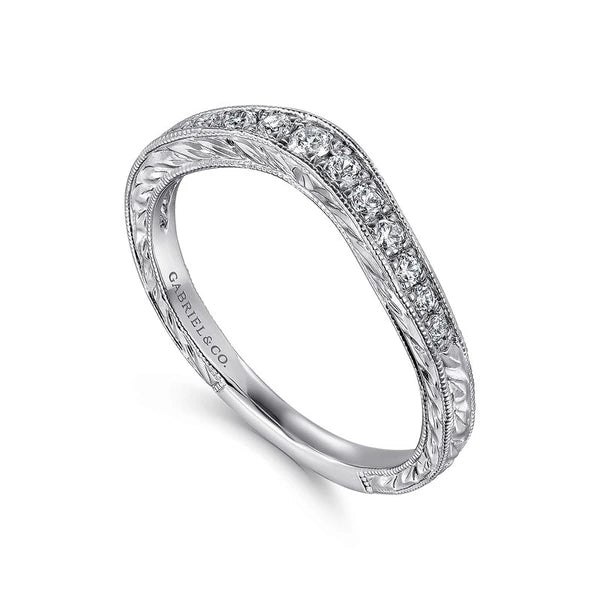 Vintage Inspired Curved 14K White Gold Micro Pavé Diamond Anniversary Band