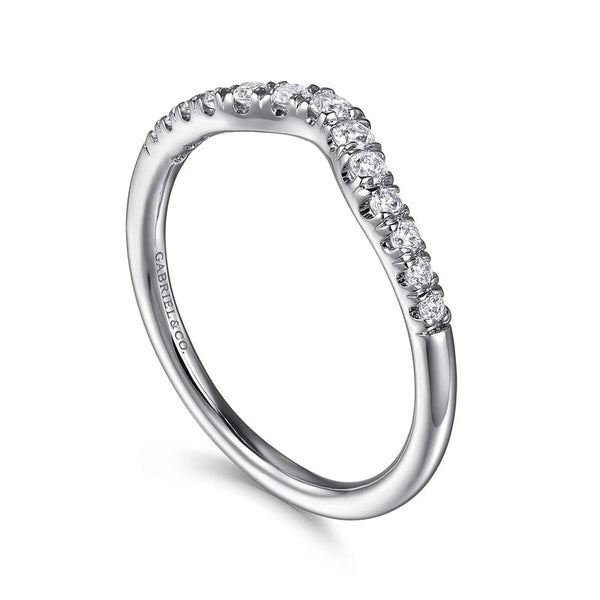 Curved 14K White Gold French Pavé Diamond Wedding Band