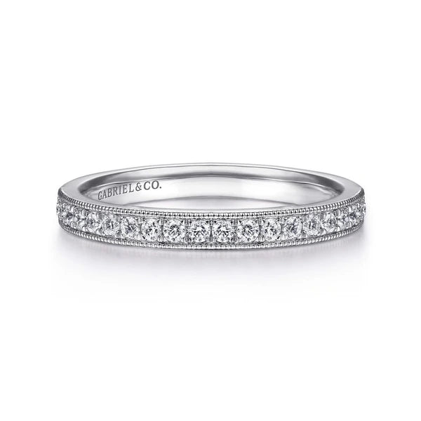 14K White Gold Micro Pavé Channel Diamond Wedding Band with Milgrain