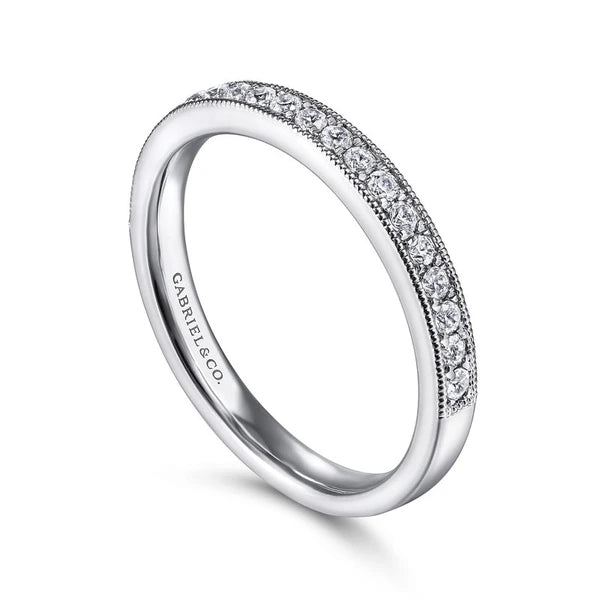 14K White Gold Micro Pavé Channel Diamond Wedding Band with Milgrain