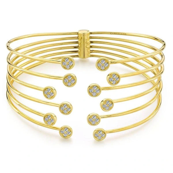 Open 14K Yellow Gold Bangle with Round e Diamond Endcaps