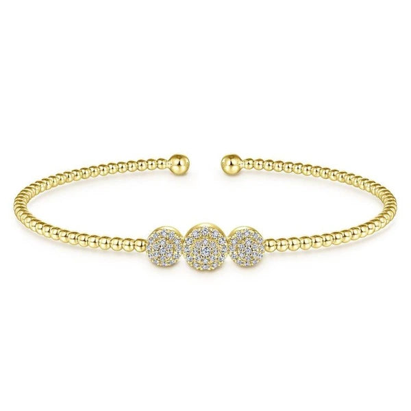 14K Yellow Gold Bujukan Bead Cuff Bracelet with Three e Diamond Stations