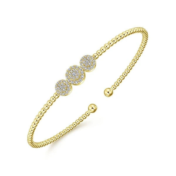 14K Yellow Gold Bujukan Bead Cuff Bracelet with Three e Diamond Stations