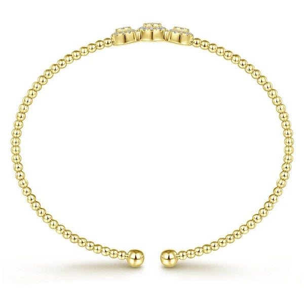 14K Yellow Gold Bujukan Bead Cuff Bracelet with Three e Diamond Stations