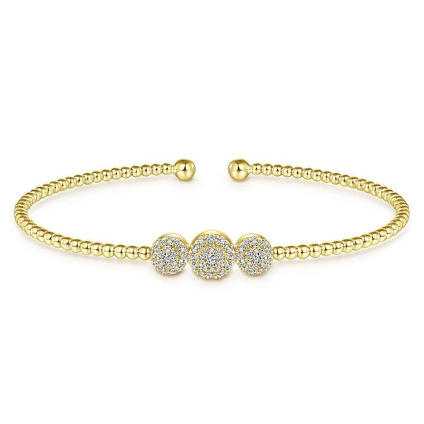14K Yellow Gold Bujukan Bead Cuff Bracelet with Three PavÃ¢Ë†Å¡Ã‚Â© Diamond Stations
