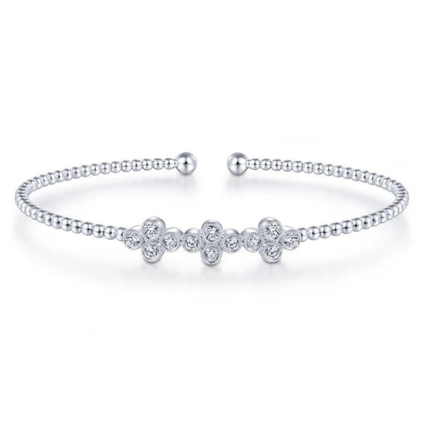 14K White Gold Bujukan Bead Cuff Bracelet with Three Quatrefoil Diamond Stations