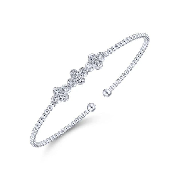 14K White Gold Bujukan Bead Cuff Bracelet with Three Quatrefoil Diamond Stations