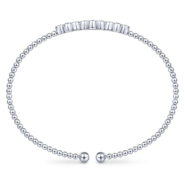 14K White Gold Bujukan Bead Cuff Bracelet with Three Quatrefoil Diamond Stations