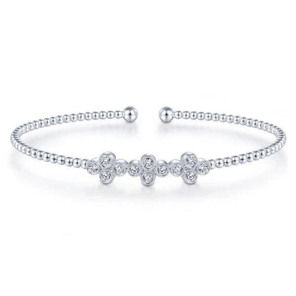 14K White Gold Bujukan Bead Cuff Bracelet with Three Quatrefoil Diamond Stations