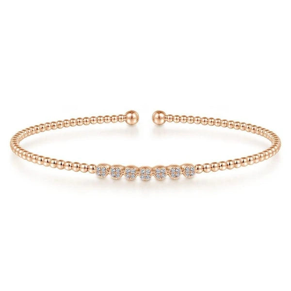 14K Rose Gold Bujukan Bead Cuff Bracelet with Cluster Diamond Stations