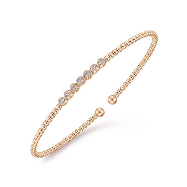 14K Rose Gold Bujukan Bead Cuff Bracelet with Cluster Diamond Stations