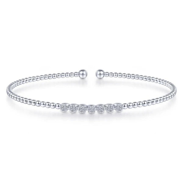 14K White Gold Bujukan Bead Cuff Bracelet with Cluster Diamond Stations