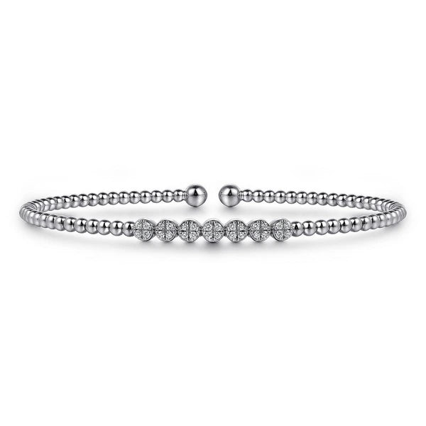 14K White Gold Bujukan Bead Cuff Bracelet with Cluster Diamond Stations
