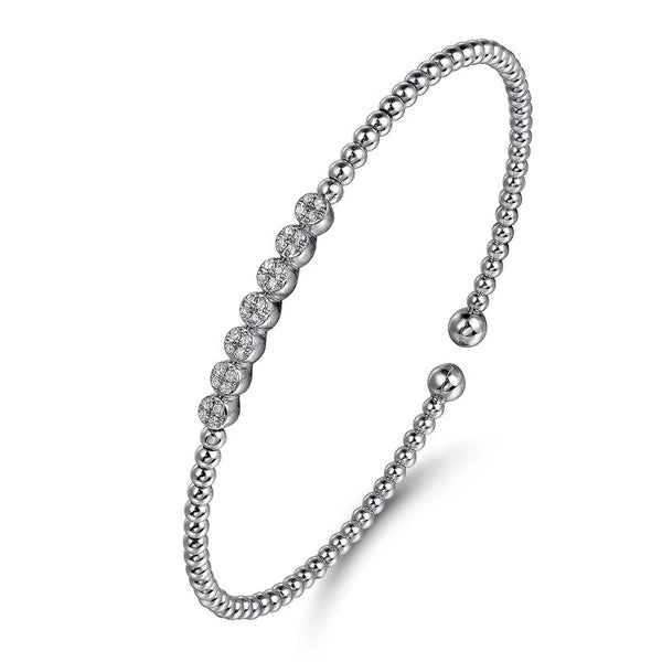 14K White Gold Bujukan Bead Cuff Bracelet with Cluster Diamond Stations