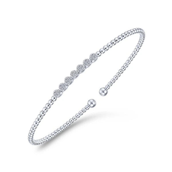 14K White Gold Bujukan Bead Cuff Bracelet with Cluster Diamond Stations