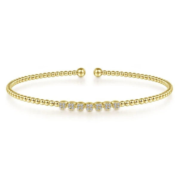 14K Yellow Gold Bujukan Bead Cuff Bracelet with Cluster Diamond Stations