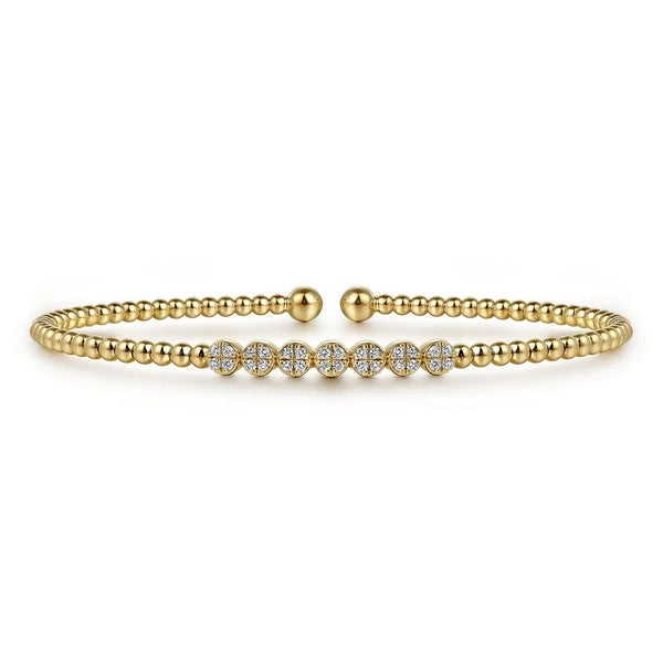 14K Yellow Gold Bujukan Bead Cuff Bracelet with Cluster Diamond Stations