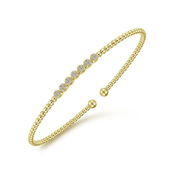 14K Yellow Gold Bujukan Bead Cuff Bracelet with Cluster Diamond Stations