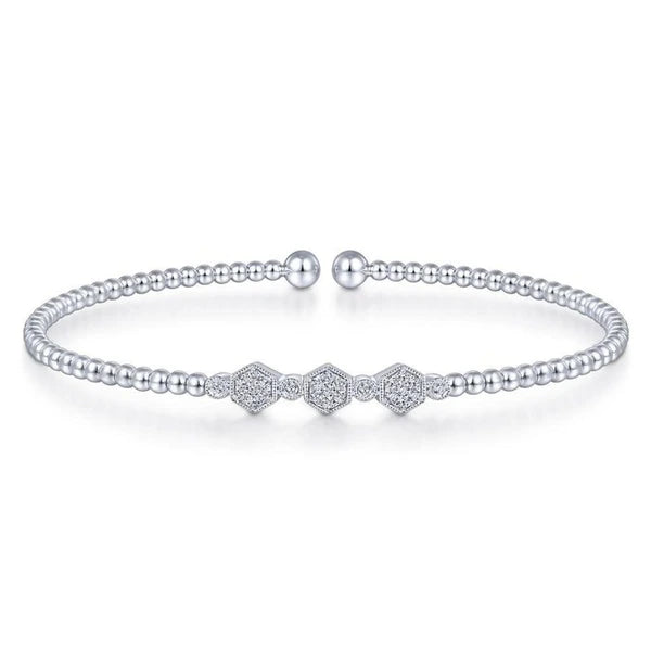 14K White Gold Bujukan Bead Cuff Bracelet with Cluster Diamond Hexagon Stations