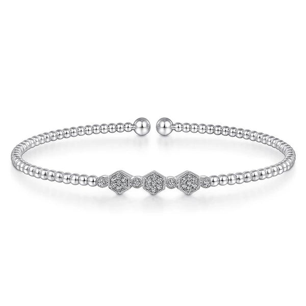 14K White Gold Bujukan Bead Cuff Bracelet with Cluster Diamond Hexagon Stations