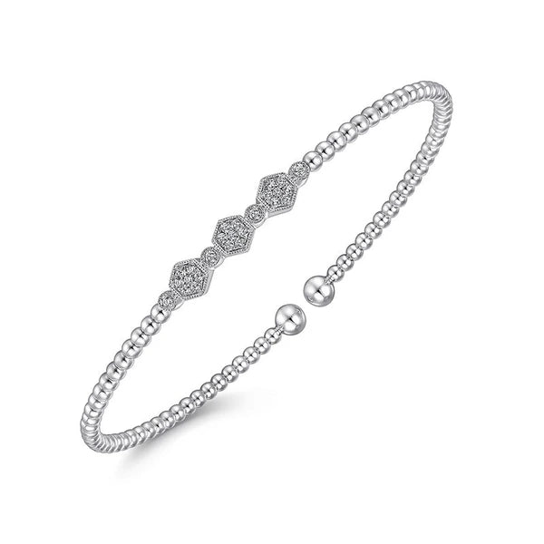 14K White Gold Bujukan Bead Cuff Bracelet with Cluster Diamond Hexagon Stations