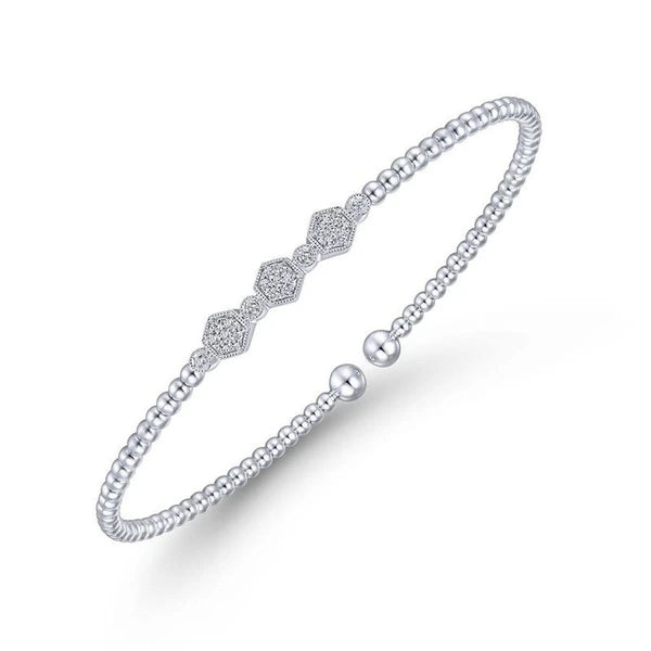 14K White Gold Bujukan Bead Cuff Bracelet with Cluster Diamond Hexagon Stations