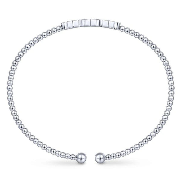14K White Gold Bujukan Bead Cuff Bracelet with Cluster Diamond Hexagon Stations