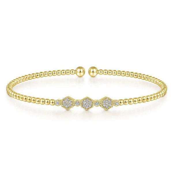 14K Yellow Gold Bujukan Bead Cuff Bracelet with Cluster Diamond Hexagon Stations