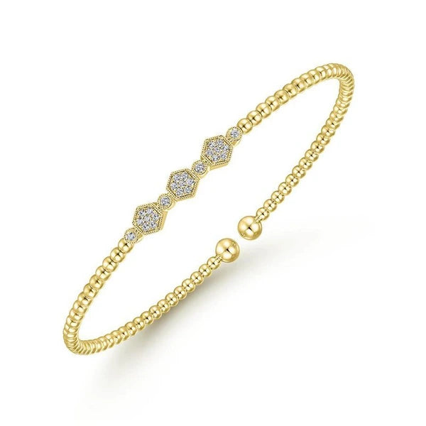 14K Yellow Gold Bujukan Bead Cuff Bracelet with Cluster Diamond Hexagon Stations