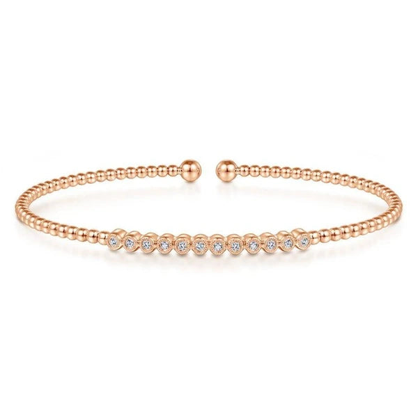 14K Rose Gold Bujukan Bead Cuff Bracelet with Bezel Set Diamond Stations