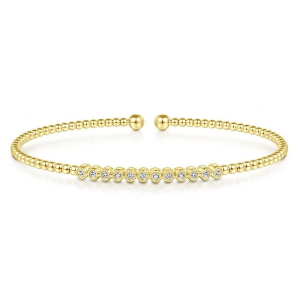 14K Yellow Gold Bujukan Bead Cuff Bracelet with Bezel Set Diamond Stations
